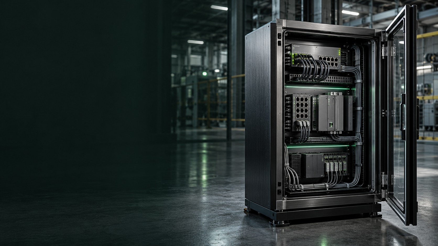 Industrial dark aluminium network cabinet with neatly routed cables and green status lights. AI-generated illustration.