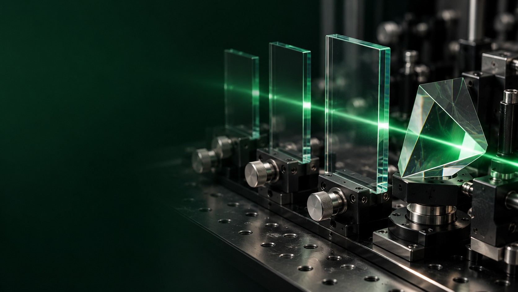 Precision optical test bench with a glass prism, reflections and a green light beam. AI-generated illustration.