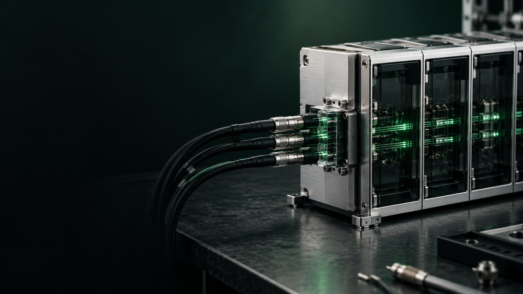 Precision aluminium and dark glass data module with separate connections and green light paths. AI-generated illustration.