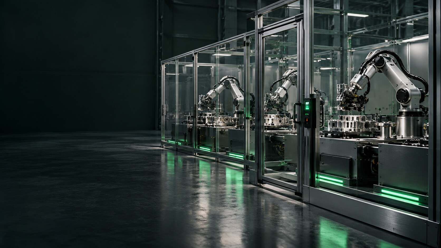 Industrielle Roboterarme in getrennten gläsernen Schutzzellen mit grünen Statusleuchten. KI-generierte Illustration.