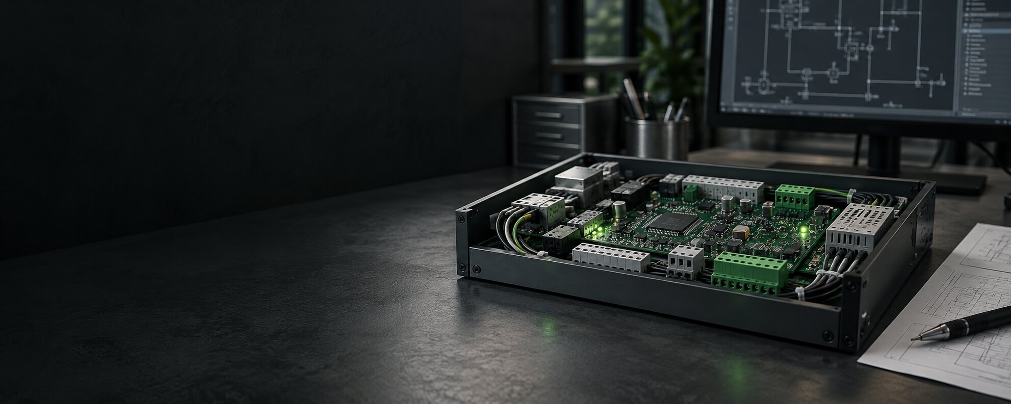 Engineering workbench with an industrial control assembly, electrical schematic and software view. AI-generated illustration.