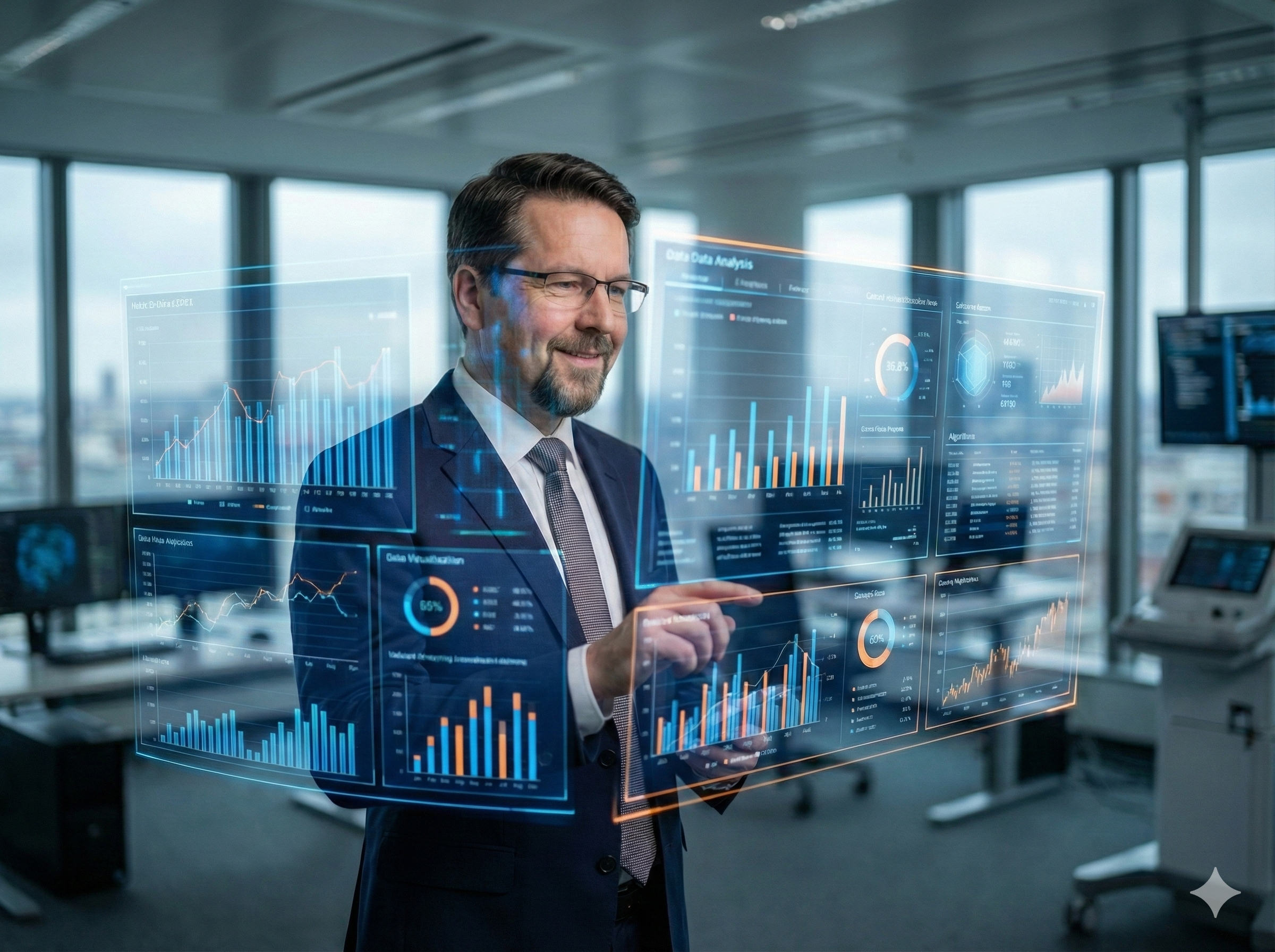 Professional AI consultant analyzing complex data visualizations on multiple holographic screens, German industrial setting, modern office, photorealistic, high-tech atmosphere, blue and orange accent lighting