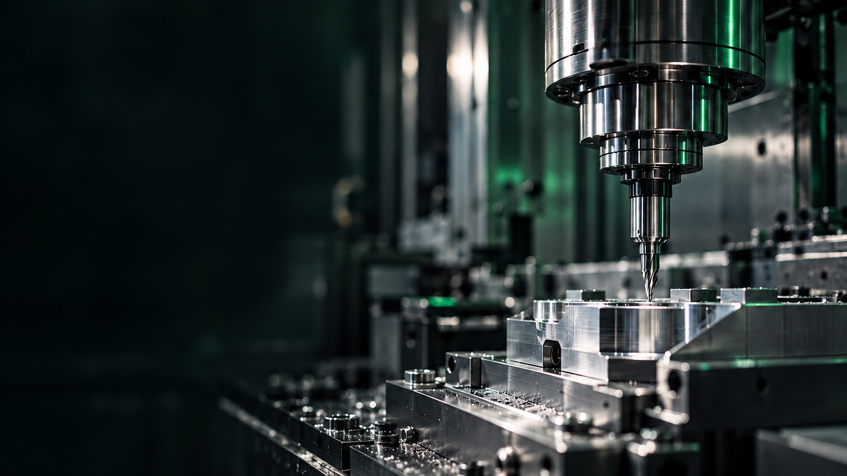 Precision tool above a machined metal component, with green reflections. AI-generated illustration.